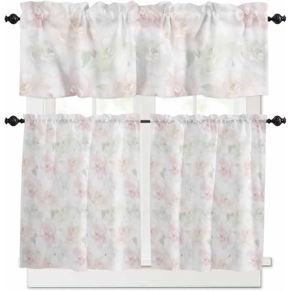 Floral Kitchen Curtains and Valances Set, Rod Pocket Curtains Tier Farmhouse Window Curtains 24 Inch Length, Spring Summer Rose Blossom Elegant Printed 3 Piece Kitchen Curtains Set