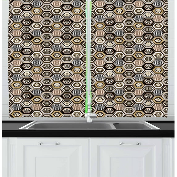 Floral Kitchen Curtains, Victorian Damask Baroque Hexagon Rococo Interlocking Abstract Design, Two Panels Drapes with Rod Pocket Room Decor, 55" X 45", Pale Coffee Warm Taupe, by Ambesonne