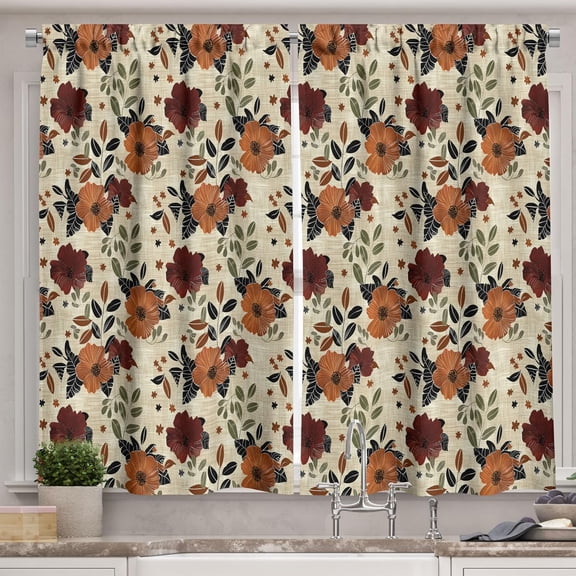 Floral Kitchen Curtains, Vintage Illustration Print of Farmhouse Flowers and Leaves Plain Back, Window Drapes 2 Panel Set for Kitchen Cafe Decor, 55" x 30", Maroon Amber Grey Yellow
