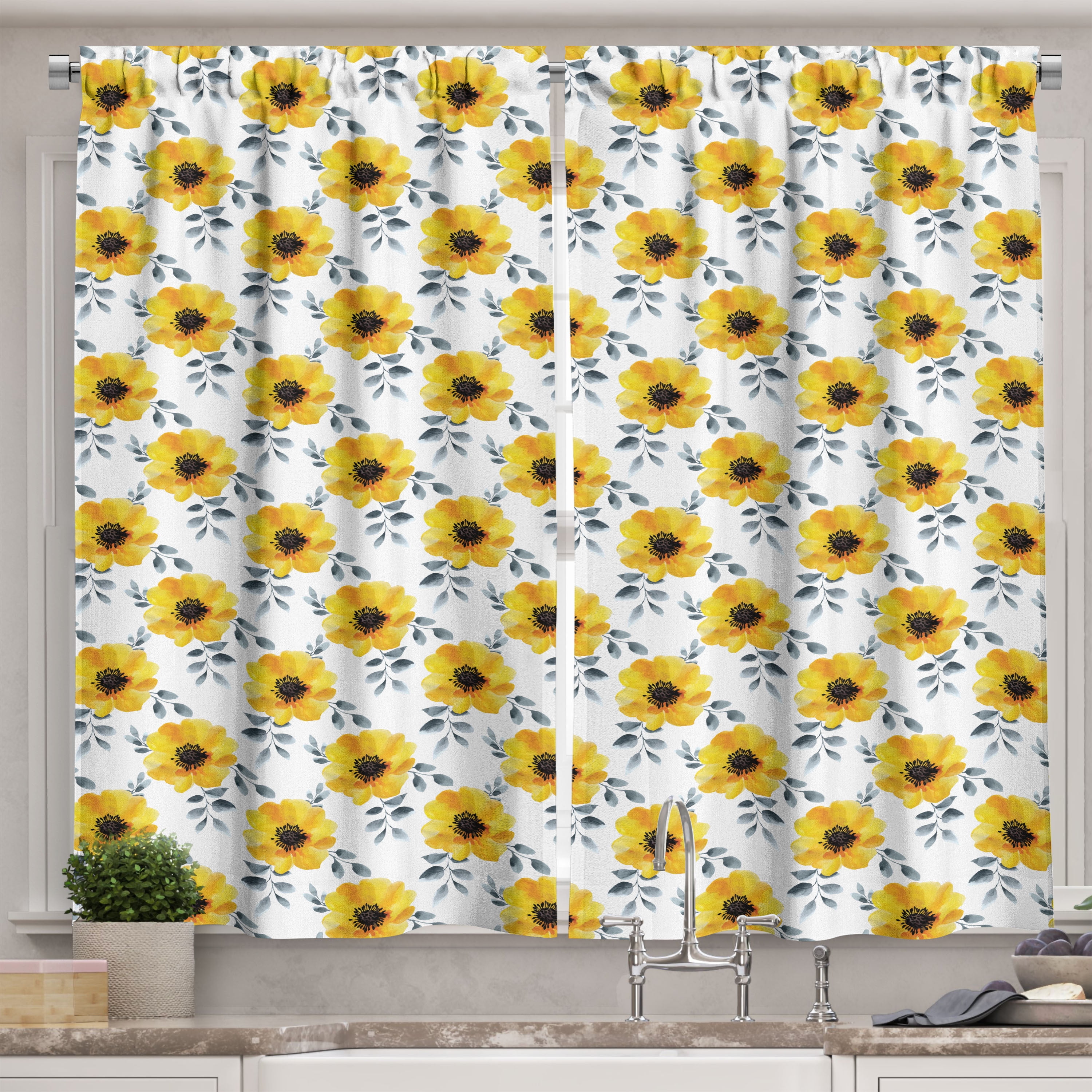 Floral Kitchen Curtains, Watercolor Style Poppy Flowers with Leaves