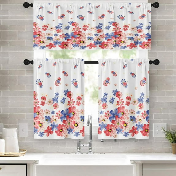 Floral Kitchen Curtains Window Curtains Valance and Tier Set 36 Inch, Blue Pink Flowers Spring Rod Pocket Short Tier Curtain, Abstract Small Cafe Curtains for Kitchen Decor