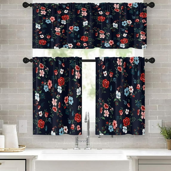 Floral Kitchen Curtains Window Curtains Valance and Tier Set 36 Inch, Cute Color Flowers Delicate Rod Pocket Short Tier Curtain, Spring Vintage Small Cafe Curtains for Kitchen Decor