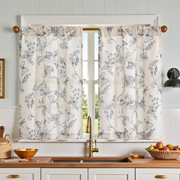 Floral Kitchen Curtains for Windows 36 Inch Farmhouse Country Linen Tier Curtains Botanic Small Window Drapes for Living Room Bathroom Laundry RV Rod Pocket Rustic 2 Panels Blue on Beige