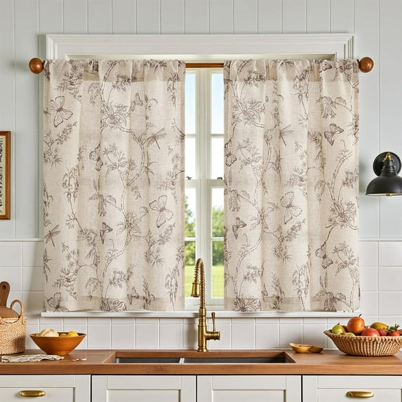 Floral Kitchen Curtains for Windows 36 Inch Farmhouse Country Linen Tier Curtains Botanic Small Window Drapes for Living Room Bathroom Laundry RV Rod Pocket Rustic 2 Panels Tan on Beige