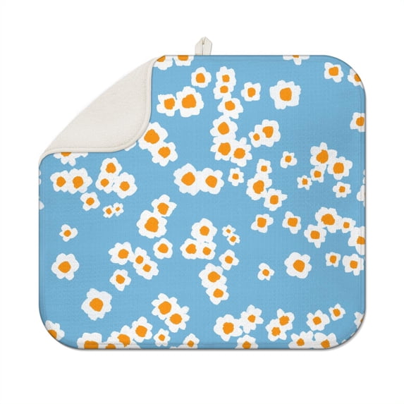 Floral Kitchen Dish Drainer Pad with Daisy Pattern Microfiber Drying Mat Absorbent Foldable Rack Pad for Counter 16x18 Inch