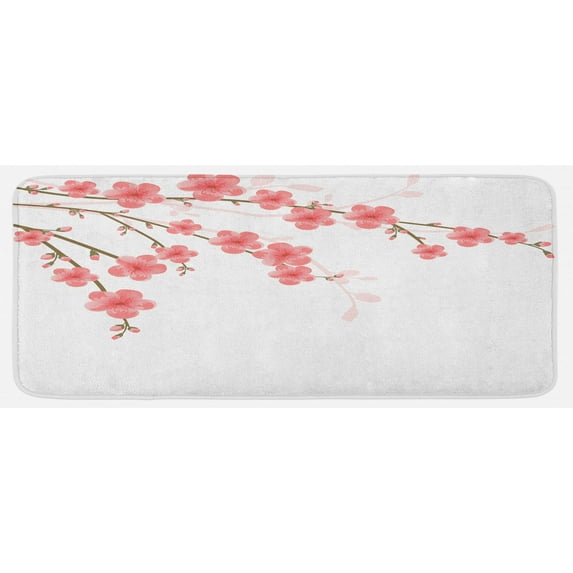 Floral Kitchen Mat, Cherry Blossom April Springtime Romantic Feminine Illustration Art Soft Colors, Plush Decorative Kitchen Mat with Non Slip Backing, 47" X 19", Pink Green, by Ambesonne