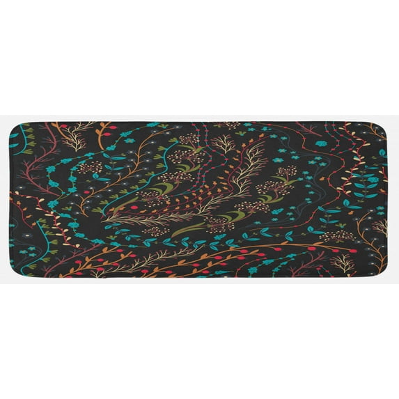 Floral Kitchen Mat, Colorful Herbs and Flowering Stems on Dark Backdrop Nature Coming Alive in Spring, Plush Decorative Kitchen Mat with Non Slip Backing, 47" X 19", Multicolor, by Ambesonne