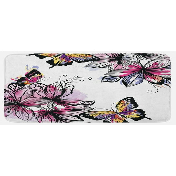 Floral Kitchen Mat, Flower Blooms Botany Bouquets Colorful Butterflies Paintbrush Watercolor Print, Plush Decorative Kitchen Mat with Non Slip Backing, 47" X 19", Multicolor, by Ambesonne
