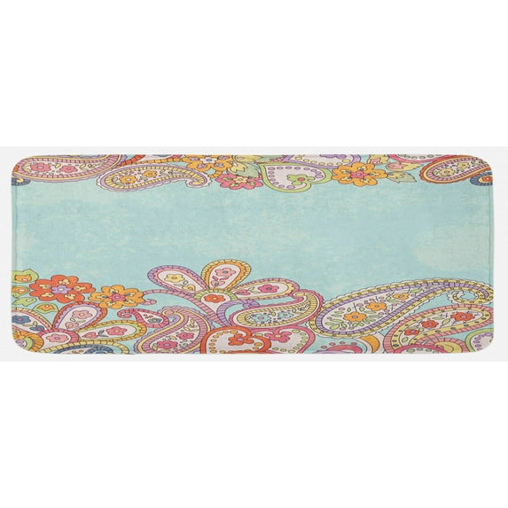 Floral Kitchen Mat, Hand Drawn Ornamental Horizontal Pattern Traditional Paisley on Vintage Background, Plush Decorative Kitchen Mat with Non Slip Backing, 47" X 19", Multicolor, by Ambesonne