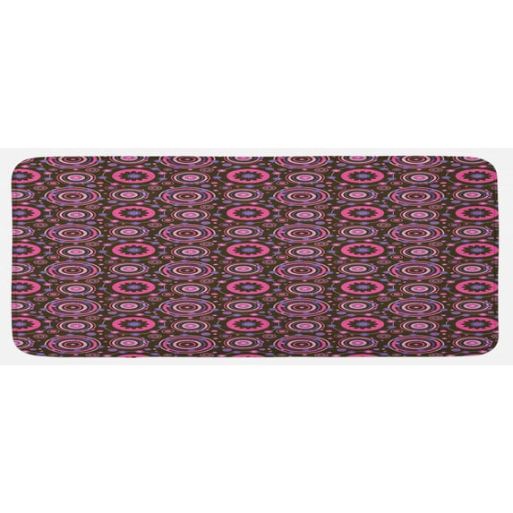 Floral Kitchen Mat, Hippie Style Flourishing Flowers with Abstract Colorful Circles Pattern, Plush Decorative Kitchen Mat with Non Slip Backing, 47" X 19", Chocolate Pink Purple, by Ambesonne