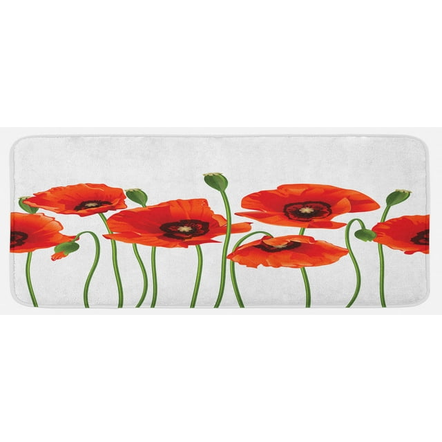 Floral Kitchen Mat, Poppies of Spring Season Pastoral Flowers Botany Bouquet Field Nature Theme Art, Plush Decorative Kitchen Mat with Non Slip Backing, 47" X 19", Red and Green, by Ambesonne