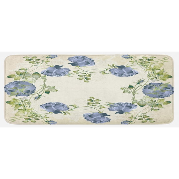 Floral Kitchen Mat, Vintage Style Roses Leaves Flower Framework Illustration Romantic Retro Design, Plush Decorative Kitchen Mat with Non Slip Backing, 47" X 19", Blue Green Cream, by Ambesonne