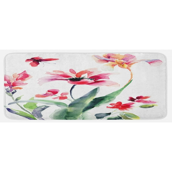 Floral Kitchen Mat, Watercolor Pastel Toned Flourish Blooms Botanical Beauty Boho Harvest Nature Picture, Plush Decorative Kitchen Mat with Non Slip Backing, 47" X 19", Multicolor, by Ambesonne