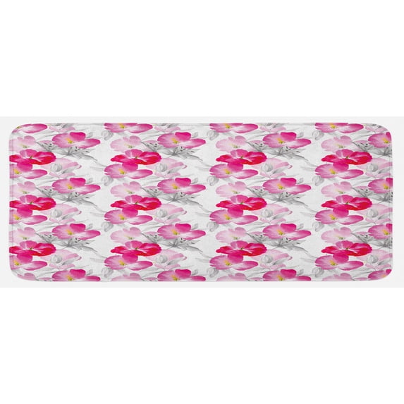 Floral Kitchen Mat, Watercolor Poppy Flowers Vivid Color Environment Image Romantic Plants, Plush Decorative Kitchen Mat with Non Slip Backing, 47" X 19", Magenta Pink Grey, by Ambesonne
