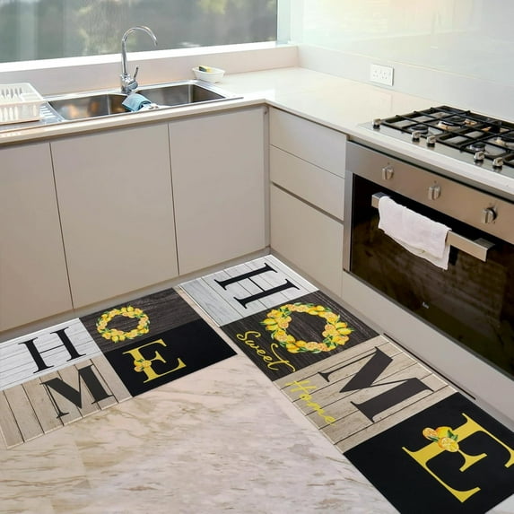 Floral Kitchen Mats Set of 2, Farmhouse Modern Woodgrain Kitchen Mats for Floor Area Runner Rugs Lemon Kitchen Decor Accessories Stuff, 17x30 and 17x47 Inches, Lemon Yellow Gray