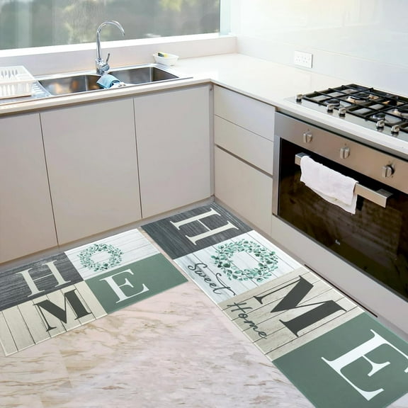 Floral Kitchen Mats Set of 2, Farmhouse Modern Woodgrain Kitchen Mats for Floor Area Runner Rugs Sage Green Kitchen Decor Accessories Stuff, 17x30 and 17x47 Inches, Beige Sage Green Leaves