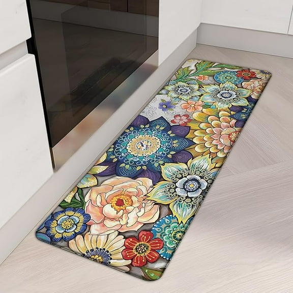 Floral Kitchen Rug Mat for Floor Boho Cushioned Anti-Fatigue Mat Non-Slip Standing Desk Waterproof Comfort Floor Mat for Sink, Office, Laundry, 15.7x47.2 Inch