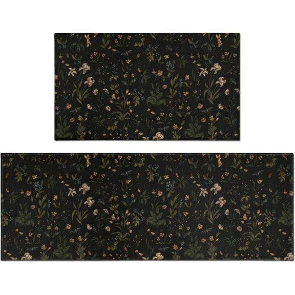 Floral Kitchen Rug Set,Black Kitchen Mats for Floor Seasonal Kitchen Rugs Farmhouse Style, Floral Rugs Washable for Kitchen Sink,Laundry Room,Modern Kitchen Rugs Mats,Floral Kitchen Decor