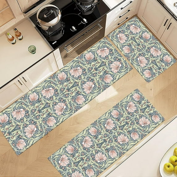 Floral Kitchen Rug Sets 3 Piece with Runner Non Slip Kitchen Mats Set, Soft and Washable Thin Floor Runner Rugs for Entryway Hallway Laundry Room, Pink Grey