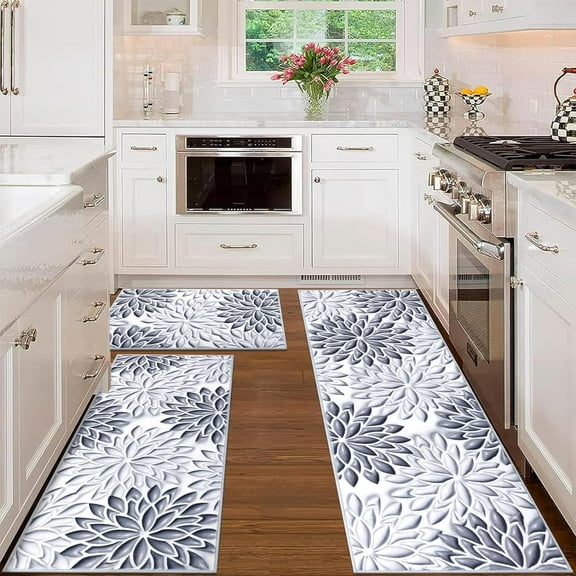 Floral Kitchen Rug Sets 3 Pieces, Washable Kitchen Mats for Floor, Non Slip Soft Kitchen Area Rug Floor Mat for Kitchen, Laundry Room and Hallway (Grey, 20''''x32''''+20''''x47''''+20''''x59'''')