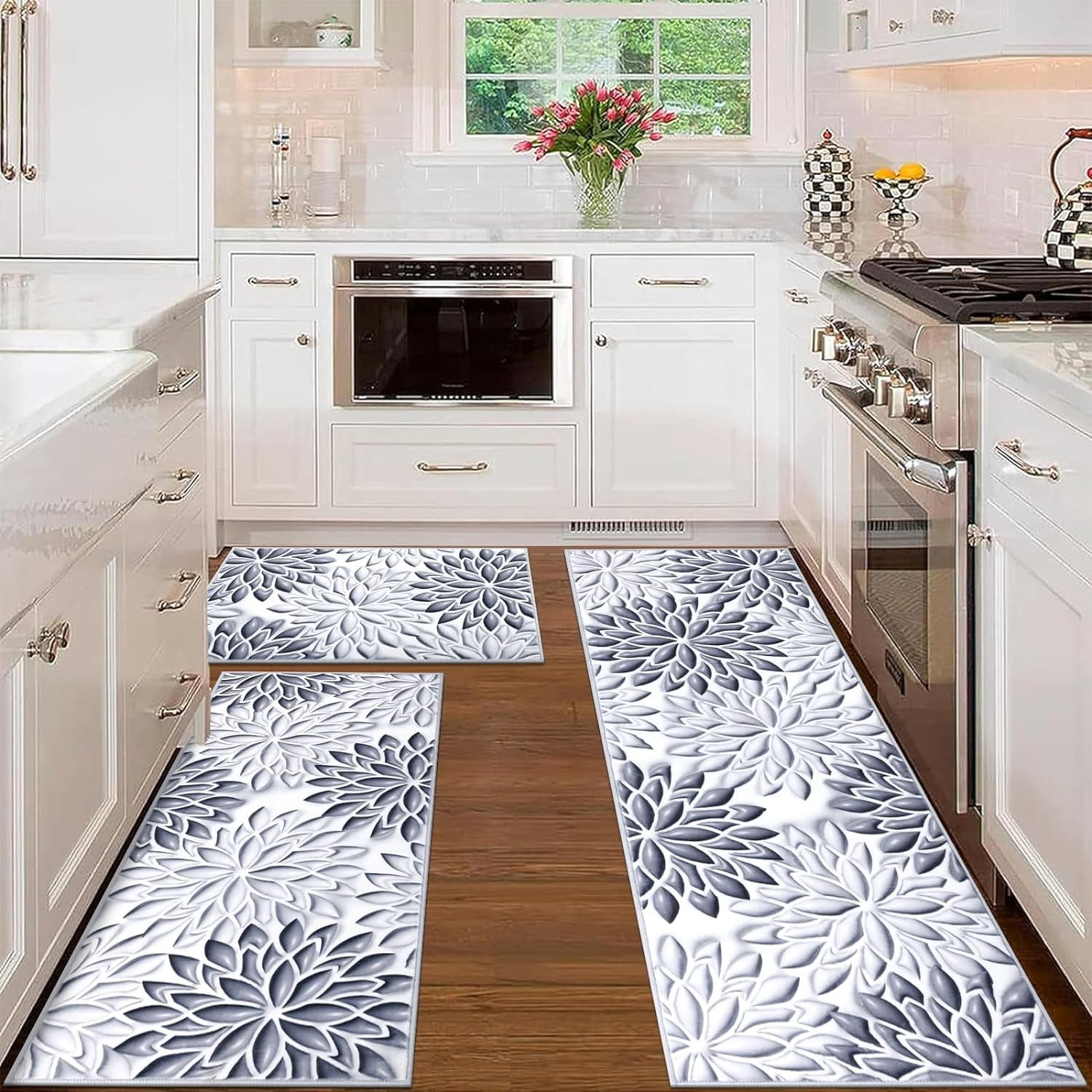 Floral Kitchen Rug Sets 3 Pieces, Washable Kitchen Mats for Floor, Non