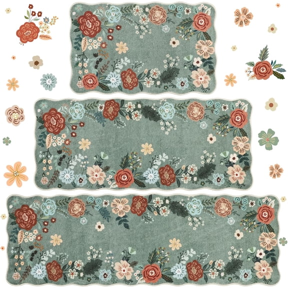 Floral Kitchen Rugs Mats for Floor 3PC, Farmhouse Non Slip Kitchen Rug Runner, Washable Non Skid Kitchen Rugs, Comfort Standing Mat for Laundry, Desk, Bar, Office