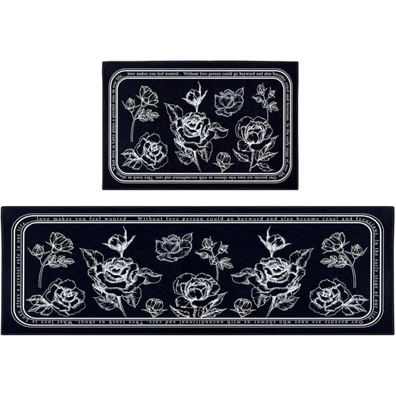 Floral Kitchen Rugs and Mats Non Skid Washable Set of 2, Black White Rose Kitchen Floor Mats, Black Background Kitchen Runner Rug, Vintage Kitchen Decor