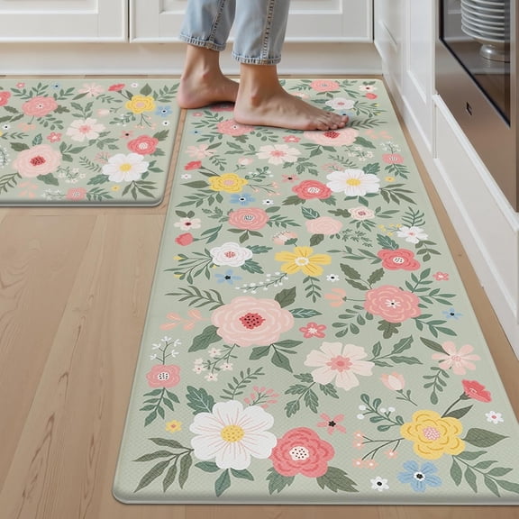 Floral Kitchen Rugs Set of 2 Anti-Fatigue Kitchen Mats Green Cushioned Mats with Colorful Flowers Farmhouse Non Slip Waterproof Comfort Standing Rug 17.3x29+17.3x47, Green Floral