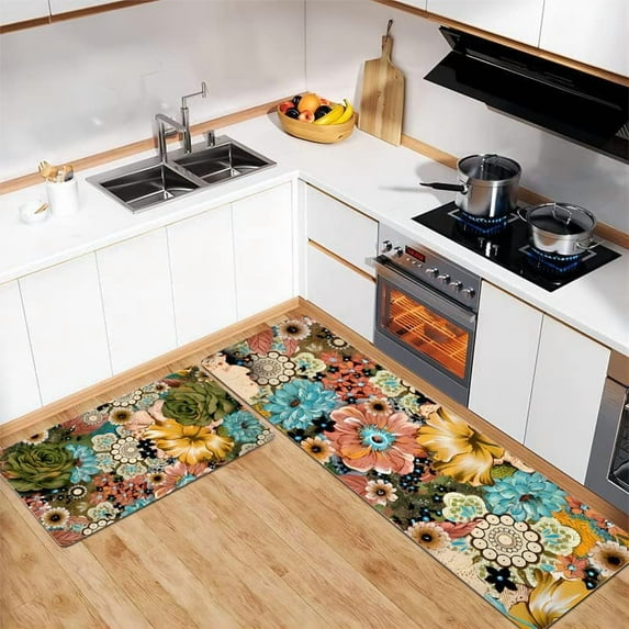 Floral Kitchen Rugs Set of 2 Colorful Flowers Bohemian Anti Fatigue Non-Slip Kitchen Floor Mats Comfort Standing Mat Vintage Water Absorption Doormat Carpet(16.9 x 23.6Inch+16.9 x 47.2 Inch)