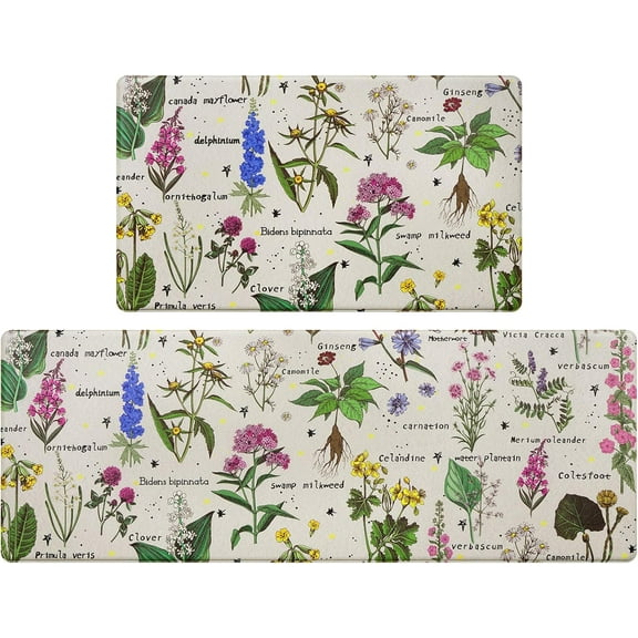 Floral Kitchen Rugs Set of 2 Kitchen Mats for Floor Anti Fatigue Mats for Kitchen Floor, Flower Plants Kitchen Rugs Non Slip Washable Standing Kitchen Decor Mat, 18'''' x 48'''' and 18'''' x 30''''