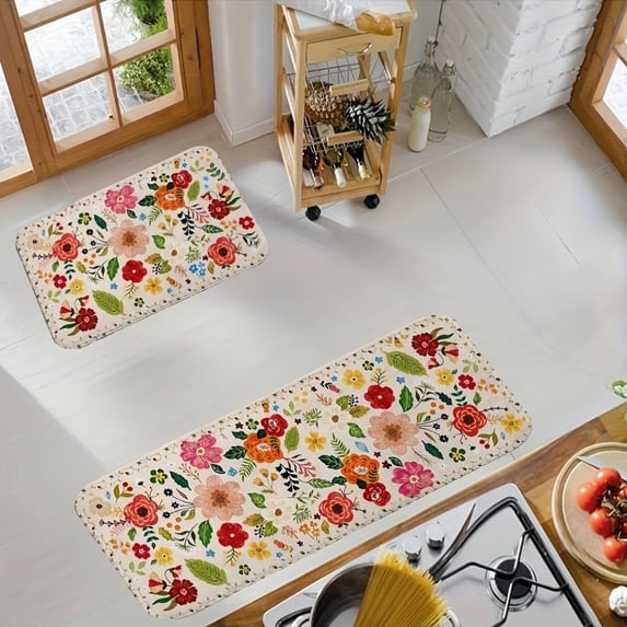 Floral Kitchen Rugs Set of 2/3, Spring Summer Outdoor Theme Fade-Resistant, Vibrant Red Pink Orange Flowers Green Leaves Home Decor