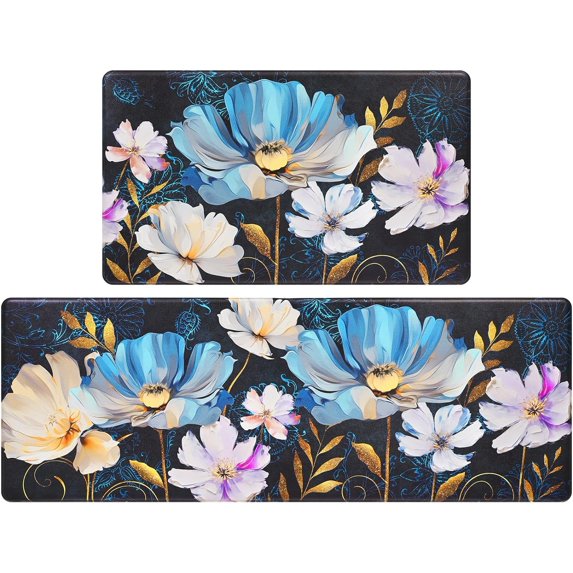 Floral Kitchen Rugs Sets of 2 Blue Flowers Kitchen Rug Non Slip Washable PVC Waterproof Kitchen Floor Mat Cushioned Anti Fatigue Kitchen Mats, 17" x 30" + 17" x 47"