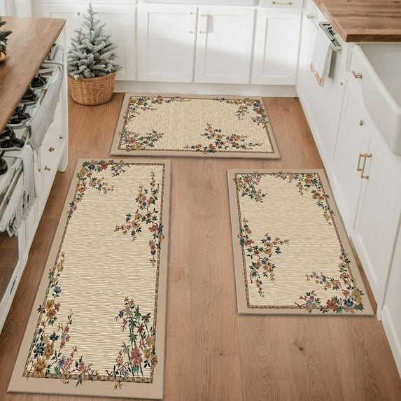 Floral Kitchen Rugs Sets of 3, Non Slip Kitchen Rugs and Mats Washable Farmhouse Kitchen Rugs Floral Kitchen Floor Mat Carpet Runner Rugs for Hallway Laundry Room