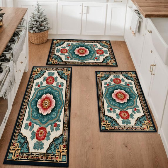 Floral Kitchen Rugs Sets of 3, Non Slip Kitchen Rugs and Mats Washable Farmhouse Kitchen Rugs Floral Kitchen Floor Mat Carpet Runner Rugs for Hallway Laundry Room