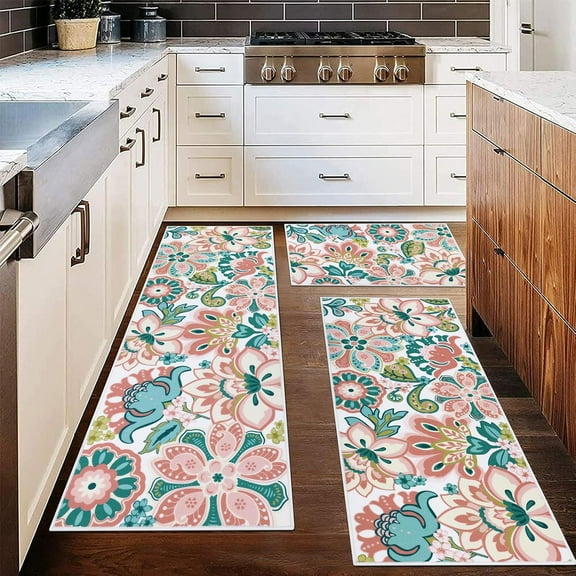 Floral Kitchen Rugs Sets of 3 Piece Abstract Flower Kitchen Floor Mat Non Skid Machine Washable Runner Rug for Spring Summer Holiday Decor Farmhouse Carpet for Sink Laundry Hallway(Pink)