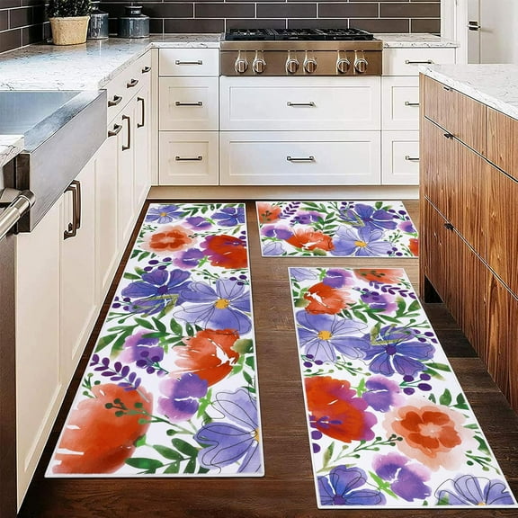 Floral Kitchen Rugs Sets of 3 Piece Watercolor Flower Kitchen Floor Mat Non Skid Machine Washable Runner Rug for Spring Summer Holiday Decor Farmhouse Carpet for Sink Laundry Hallway(Purple)
