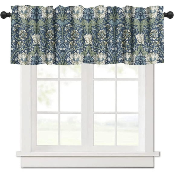 Floral Kitchen Valance, William Morris Art Botanical Printed Small Window Treatments for Kitchen Living Room Bathroom Cafe Decor Rod Pocket Vintage Retro Teal Valances 54x18 Inch, 1 Panel