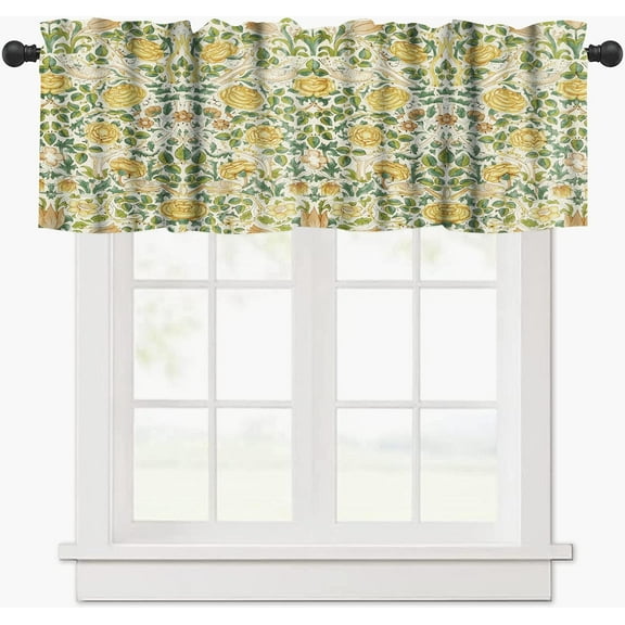 Floral Kitchen Valance, William Morris Art Rose Flower Birds Yellow Small Window Treatments for Kitchen Living Room Bathroom Cafe Decor Rod Pocket Vintage Retro Valances 54x18 Inch, 1 Panel