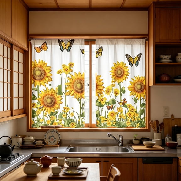 Floral Kitchen Window Tier Curtains Rod Pocket, Flower Embroidery Kitchen Curtain Tier Set Decorative Cafe Curtains Drapes for Small Windows, 2 Panels Set 26"x36"