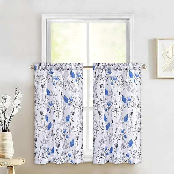 Floral Kithchen Curtains 36 Inch Watercolor Flower Leaves Tier Curtains, Blue and Gray Floral Cafe Curtains, Rod Pocket Small Window Curtain for Cafe Bathroom Bedroom Drapes