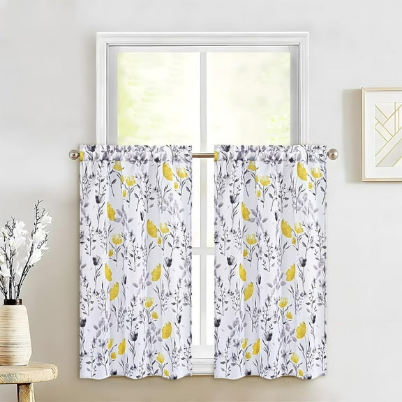 Floral Kithchen Curtains 36 Inch Watercolor Flower Leaves Tier Curtains, Blue and Gray Floral Cafe Curtains, Rod Pocket Small Window Curtain for Cafe Bathroom Bedroom Drapes