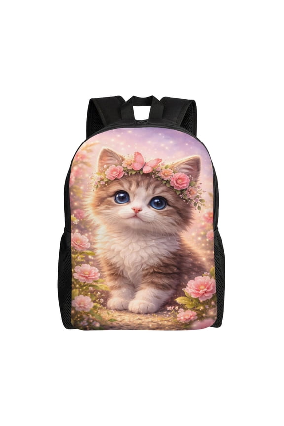 Floral Kitten Cat Backpack Full Front Print Travel Laptop Bag for Men and Women