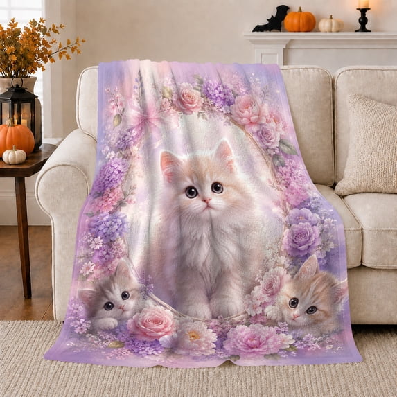 Floral Kitten, Cozy Pet Portrait Pattern, Warm Flannel Blanket for Living Room and Bedroom with Detailed Artwork, Cat Lovers Just Because Gift, Pet Lover Home Decor