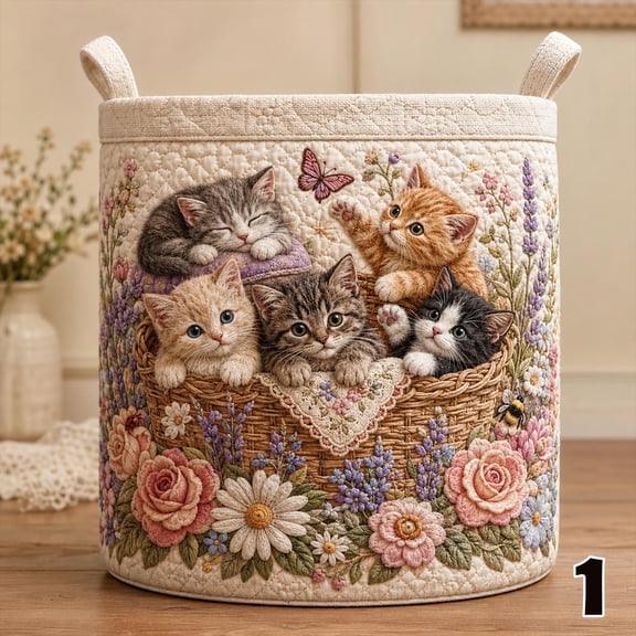 Floral Kitten Quilted Laundry Basket, Botanical Cat Storage Bin, Animal Clothes Hamper