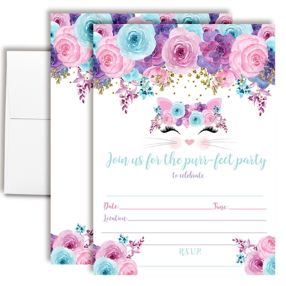 Floral Kitty Cat Face Birthday Invitations for Kids, 20 Fill-In Cards with Envelopes, 5x7 Children's Party Invitations, Birthday Party Supplies, Made in USA by Amanda Creation
