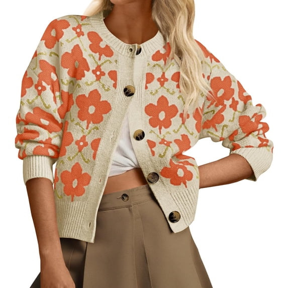 Floral Knit Women Long Sleeve Button Down Casual Sweater Cardigan