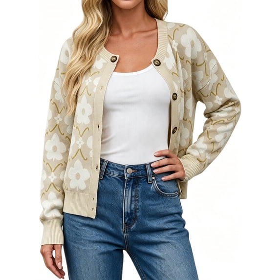 Floral Knit Women Long Sleeve Button Down Casual Sweater Cardigan