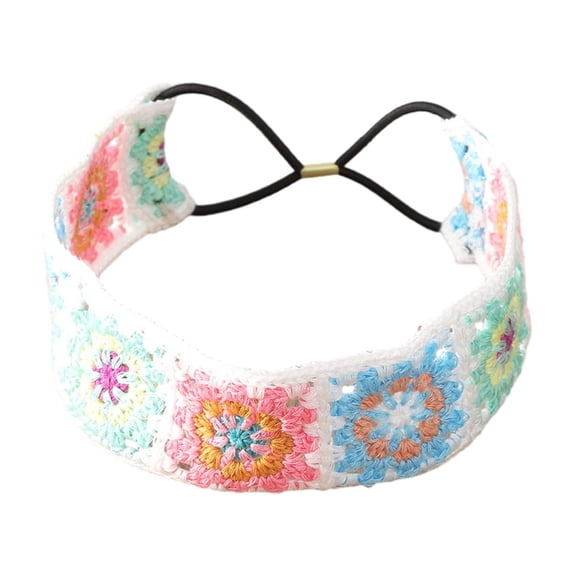 Floral Knitted Headband for Women Stretch Turban Floral Crocheted Granny-square Ethnic Tie Head Wrap Headband