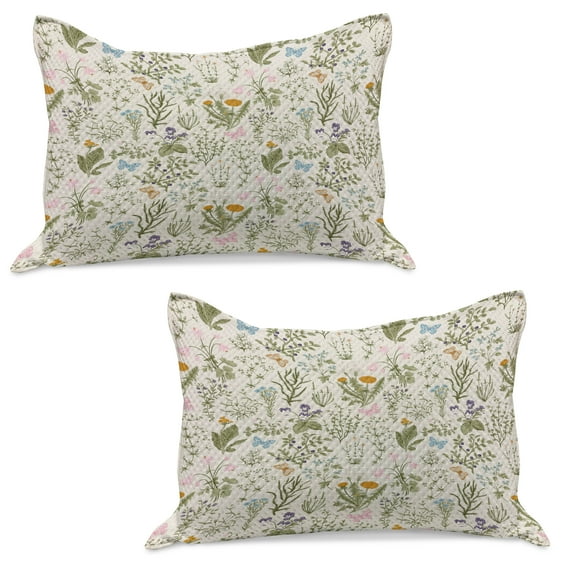 Floral Knitted Quilt Pillowcover Set of 2, Vintage Garden Plants Herbs Flowers Botanical Classic Design Art, Standard Queen Pillow Sham Bedroom, 30" x 20", Reseda Green Beige, by Ambesonne