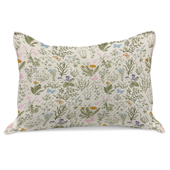 Floral Knitted Quilt Pillowcover, Vintage Garden Plants Herbs Flowers Botanical Classic Design Art, Standard King Size Pillow Cover for Bedroom, 30" x 20", Reseda Green Beige, by Ambesonne